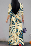 Baby Blue Street Elegant Floral Print Lace Up Contrast V Neck Printed Dresses