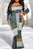 Black Sexy Street Geometric Print Gradient Contrast V Neck Fishtail Dresses
