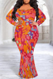 Light Purple Sexy Street Floral Print Contrast V Neck Printed Plus Size Dresses
