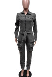 Dark Gray Street Solid Color Pocket Patchwork Strap Design Zipper Zipper Collar Long Sleeve Regular Denim Jumpsuits