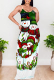 Deep Red Casual Snowflakes Snowman Print Contrast U Neck Printed Dresses