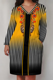 Black Yellow Casual Floral Print Pocket Contrast V Neck Printed Plus Size Dresses