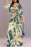 Baby Blue Street Elegant Floral Print Lace Up Contrast V Neck Printed Dresses