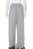 Grey Casual Draw String Pocket Patchwork Contrast Loose Low Waist Conventional Patchwork Bottoms