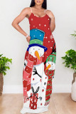 Deep Red Casual Snowflakes Snowman Print Contrast U Neck Printed Dresses