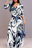 Baby Blue Street Elegant Floral Print Lace Up Contrast V Neck Printed Dresses