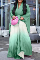 Cyan Street Gradient Color Patchwork Strap Design V Neck Long Sleeve Two Pieces