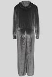 Silver Gray Casual Solid Color Pocket Patchwork Zipper Zipper Collar Long Sleeve Two Pieces