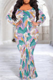 Light Purple Sexy Street Floral Print Contrast V Neck Printed Plus Size Dresses
