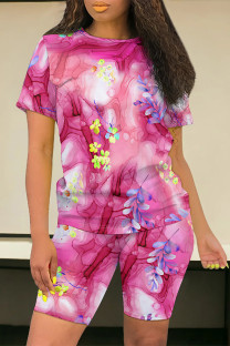Rose Red Casual Street Geometric Print Floral Print Contrast O Neck Short Sleeve Two Pieces