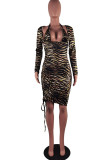 Brown Sexy Hot Print Draw String Lace Up Halter Long Sleeve Dresses