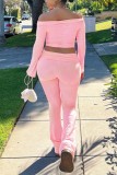 Pink Casual Solid Color Ruched Off Shoulder Long Sleeve Two Pieces