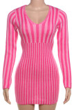 Pink Sexy Stripe Patchwork V Neck Wrapped Skirt Dresses