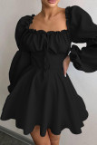 Black Sexy Solid Color Patchwork Ruched Strap Design Square Neck A Line Dresses