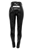 Black Street Solid Color Buttons Patchwork Slit Zipper Skinny Mid Waist Pencil Patchwork Bottoms
