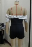 Black Sexy Elegant Patchwork Backless Contrast Off Shoulder Fitted Rompers