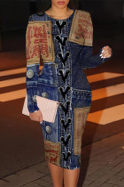 Dark Blue Casual Street Faux Denim Print Contrast O Neck Printed Dresses