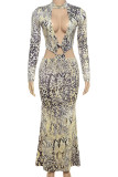 Snake Print Sexy Snakeskin Print Hollow Out Patchwork Backless Halter Long Dresses