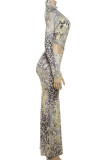 Snake Print Sexy Snakeskin Print Hollow Out Patchwork Backless Halter Long Dresses