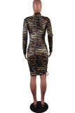 Brown Sexy Hot Print Draw String Lace Up Halter Long Sleeve Dresses
