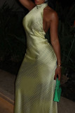 Yellow Elegant Stripe Patchwork Backless Strap Design Turtleneck Long Dresses