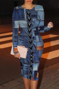 Blue Casual Street Faux Denim Print Contrast O Neck Printed Dresses