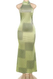 Yellow Elegant Stripe Patchwork Backless Strap Design Turtleneck Long Dresses