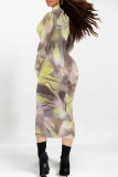 Cream White Street Elegant Floral Print Contrast Half A Turtleneck Printed Dresses