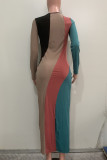 Multicolor Elegant Colorblock Patchwork Slit O Neck Long Dresses
