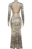 Snake Print Sexy Snakeskin Print Hollow Out Patchwork Backless Halter Long Dresses
