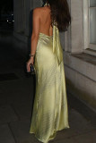 Yellow Elegant Stripe Patchwork Backless Strap Design Turtleneck Long Dresses