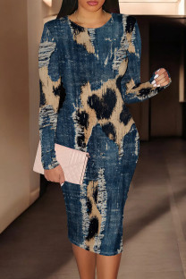 Blue Khaki Casual Print Patchwork O Neck Wrapped Skirt Dresses