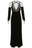 Black Sexy Solid Color Lace Hollow Out Patchwork See-Through Backless Halter Long Dresses