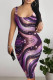 Purple Sexy Street Geometric Print Lips Leopard Contrast U Neck Printed Dresses