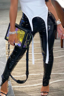 Black Street Solid Color Buttons Patchwork Slit Zipper Skinny Mid Waist Pencil Patchwork Bottoms