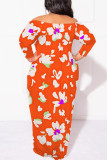 Orange Sexy Floral Print Contrast Off Shoulder Printed Plus Size Dresses(No Belt)