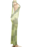 Yellow Elegant Stripe Patchwork Backless Strap Design Turtleneck Long Dresses