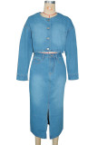 Blue Street Solid Color Pocket Buckle Patchwork Slit Zipper O Neck Long Sleeve Two Pieces