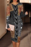 Blue Black Casual Street Faux Denim Print Contrast O Neck Printed Dresses
