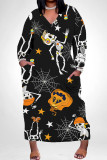 Baby Blue Casual Street Skull Graffiti Print Pocket Contrast V Neck Printed Plus Size Dresses