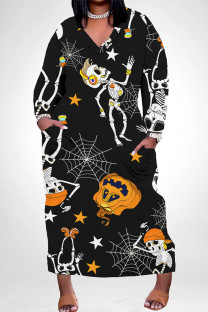 Black And White Casual Street Skull Graffiti Print Pocket Contrast V Neck Printed Plus Size Dresses