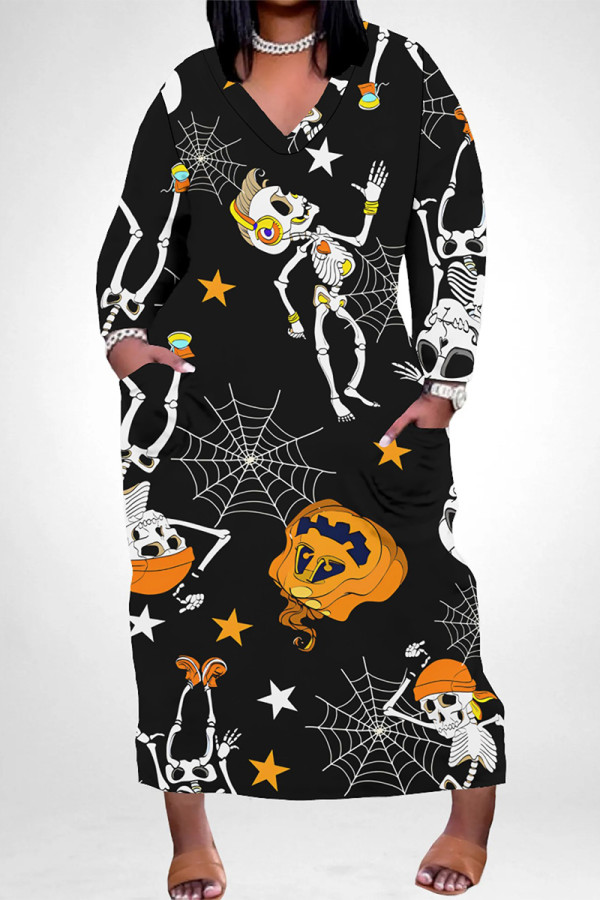 Black And White Casual Street Skull Graffiti Print Pocket Contrast V Neck Printed Plus Size Dresses