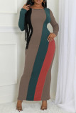 Multicolor Elegant Colorblock Patchwork Slit O Neck Long Dresses