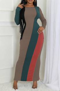 Multicolor Elegant Colorblock Patchwork Slit O Neck Long Dresses