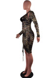 Brown Sexy Hot Print Draw String Lace Up Halter Long Sleeve Dresses