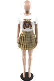 White Casual Print Pleated O Neck Short Sleeve Two Pieces