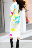 Cream White Street Elegant Floral Print Contrast Half A Turtleneck Printed Dresses