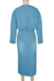 Blue Street Solid Color Pocket Buckle Patchwork Slit Zipper O Neck Long Sleeve Two Pieces