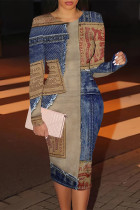 Blue Coffee Casual Street Faux Denim Print Contrast O Neck Printed Dresses
