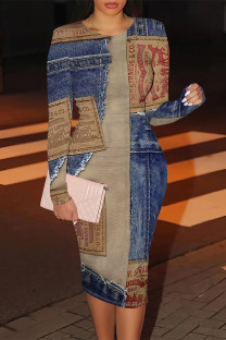 Blue Coffee Casual Street Faux Denim Print Contrast O Neck Printed Dresses